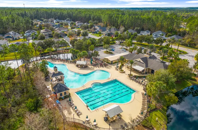 Aerial of the resort-style lagoon pool at Aberdeen, St. Johns County, Florida
