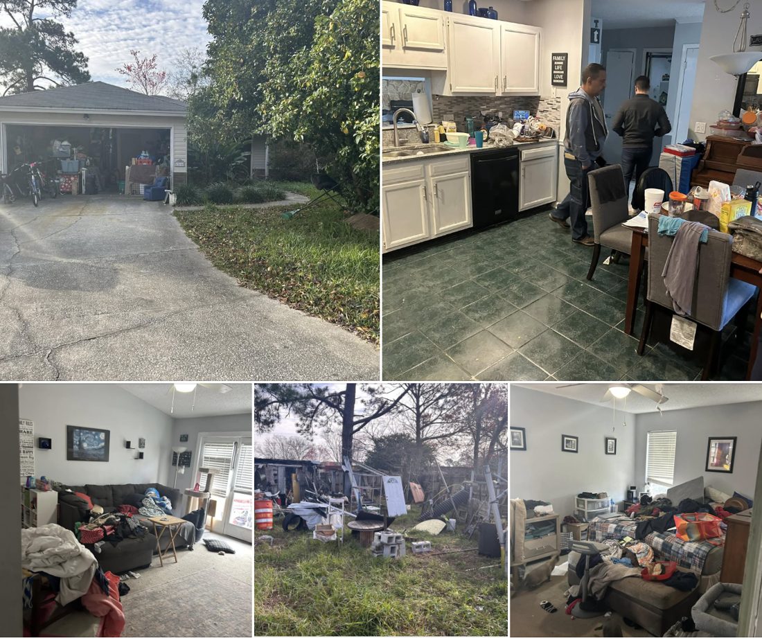 A real as-is home: cluttered garage, dated kitchen, and rooms full of belongings